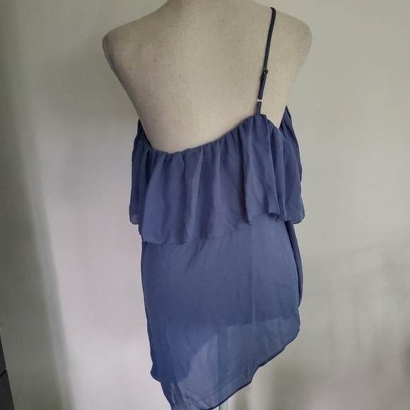 Parker Asymmetric Long Sleeved One Shoulder Blue Ruffle Blouse - Picture 6 of 10